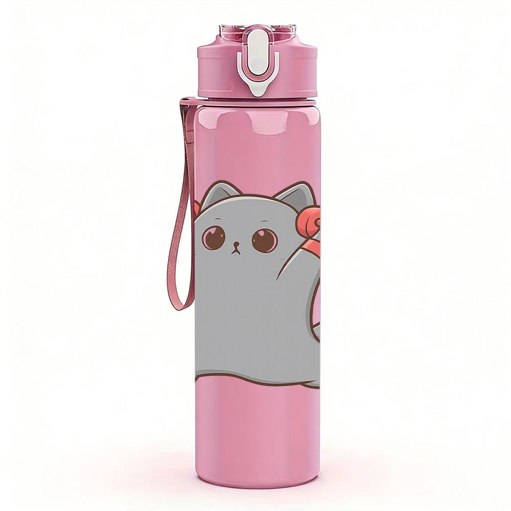 1PC Gray Fluffy Creature Cartoon 750ml Color Plastic Sports Water Bottle Leakproof Flip Straw Lid Suitable for Sports Office Home Use