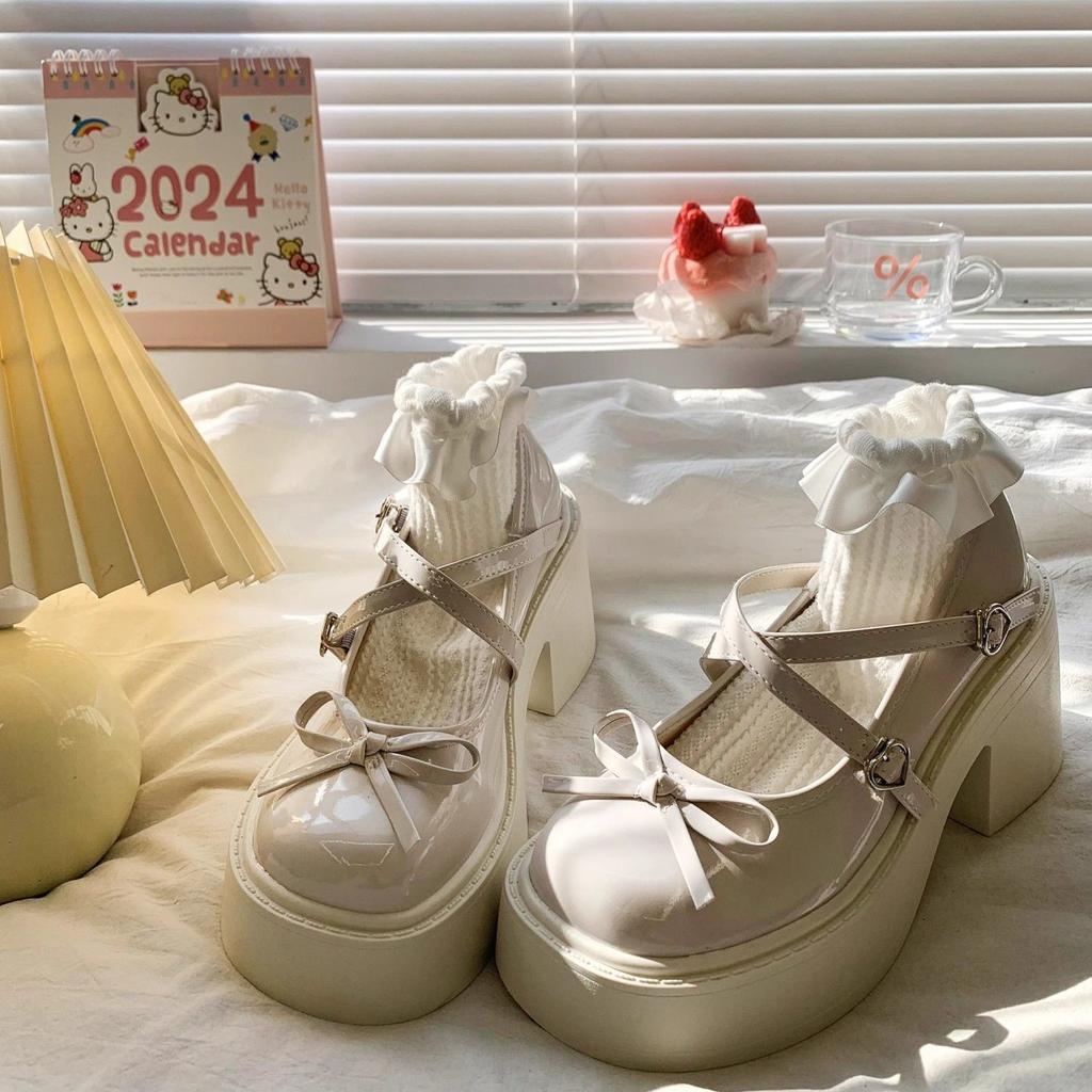 Summer new Japanese jk heightening French versatile Mary Jane single shoes bow thick high heel small leather shoes women