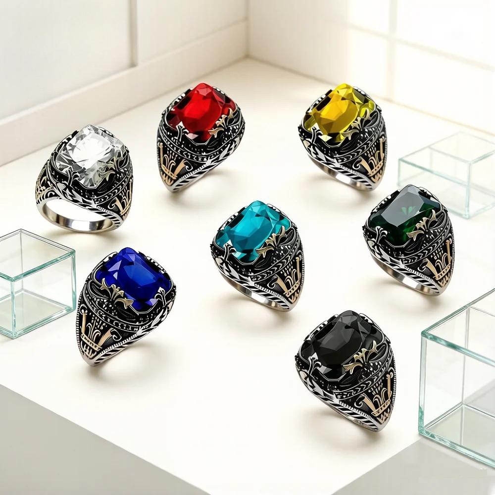 Vintage Men's Ring Stainless Steel Retro Castle Pattern Finger Ring Colorful Artificial Crystal Gemstone Statement Ring for Men