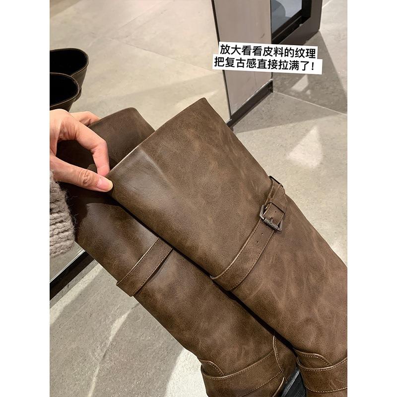 Cowhide version~ Genuine leather retro double buckle medium and high boots women's knight boots western boots