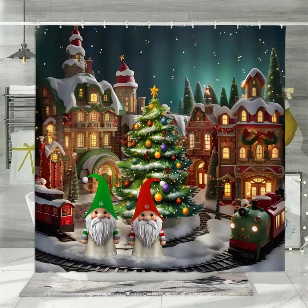 Christmas Shower Curtain, Winter Snowman Santa Claus Gnome Farm Farmhouse Cartoon Truck Christmas Tree Snowflake Bathroom Decor