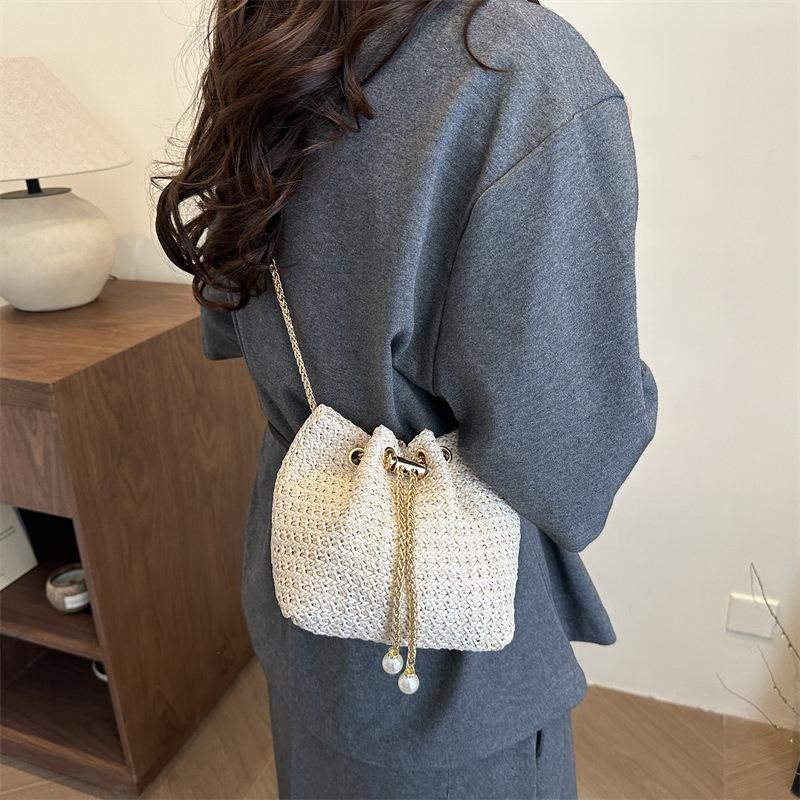 Straw Belt Chain Bucket Bag Women's New Summer Commuting Korean Simple Solid Color Shoulder Messenger Bag