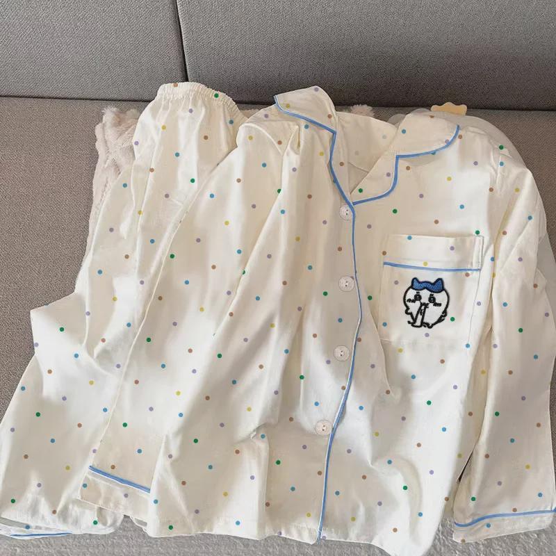 Chiikawa Cute Polka Dot Pajamas - Japanese Long-Sleeve Loungewear for Spring & Autumn