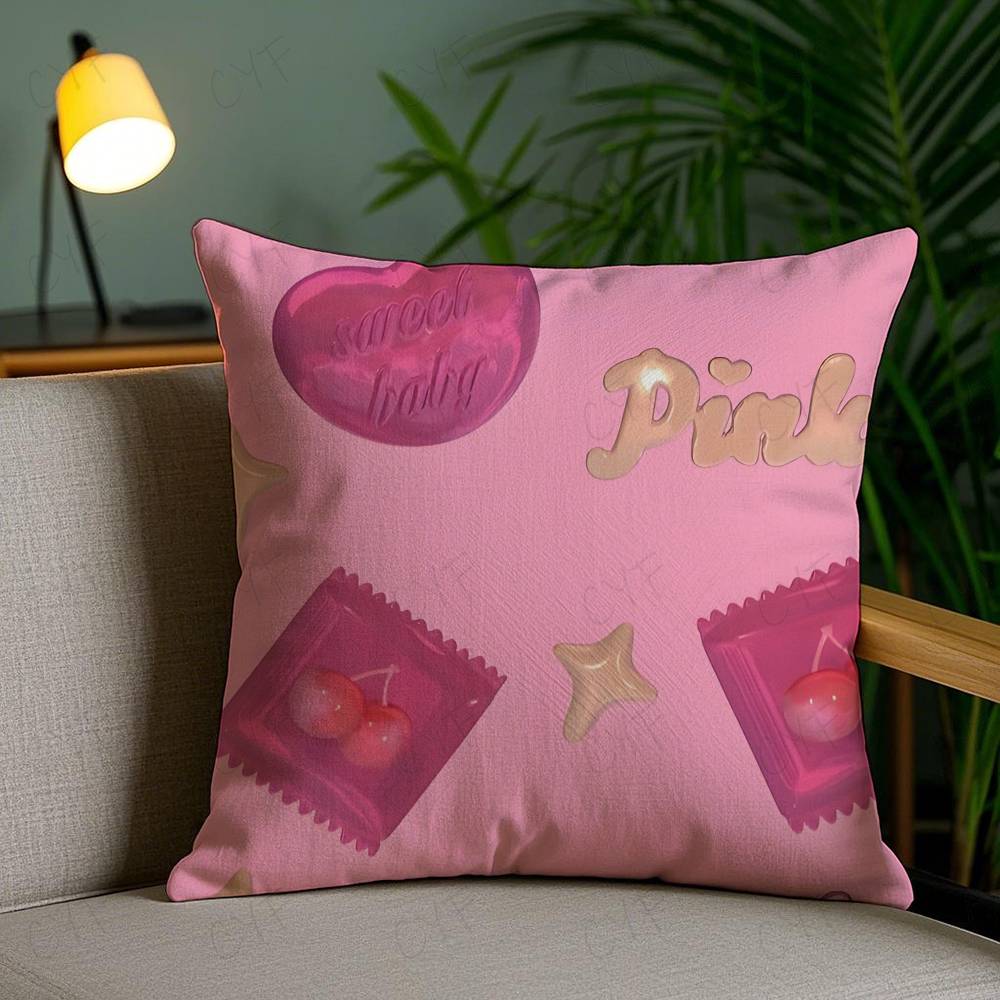 Sweet Pink Candy Pillow Case Safe Custom Photo Pillow, Anti-Fade Brushed Fleece Cushion, Maternal & Infant Safe.
