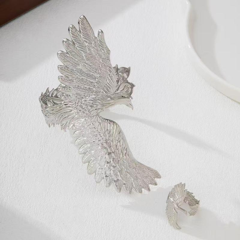 2 Pcs Gold Phoenix Cuff Bracelet Ring Set Exquisite Carved Details Adjustable Size Great For Party Prom Gift