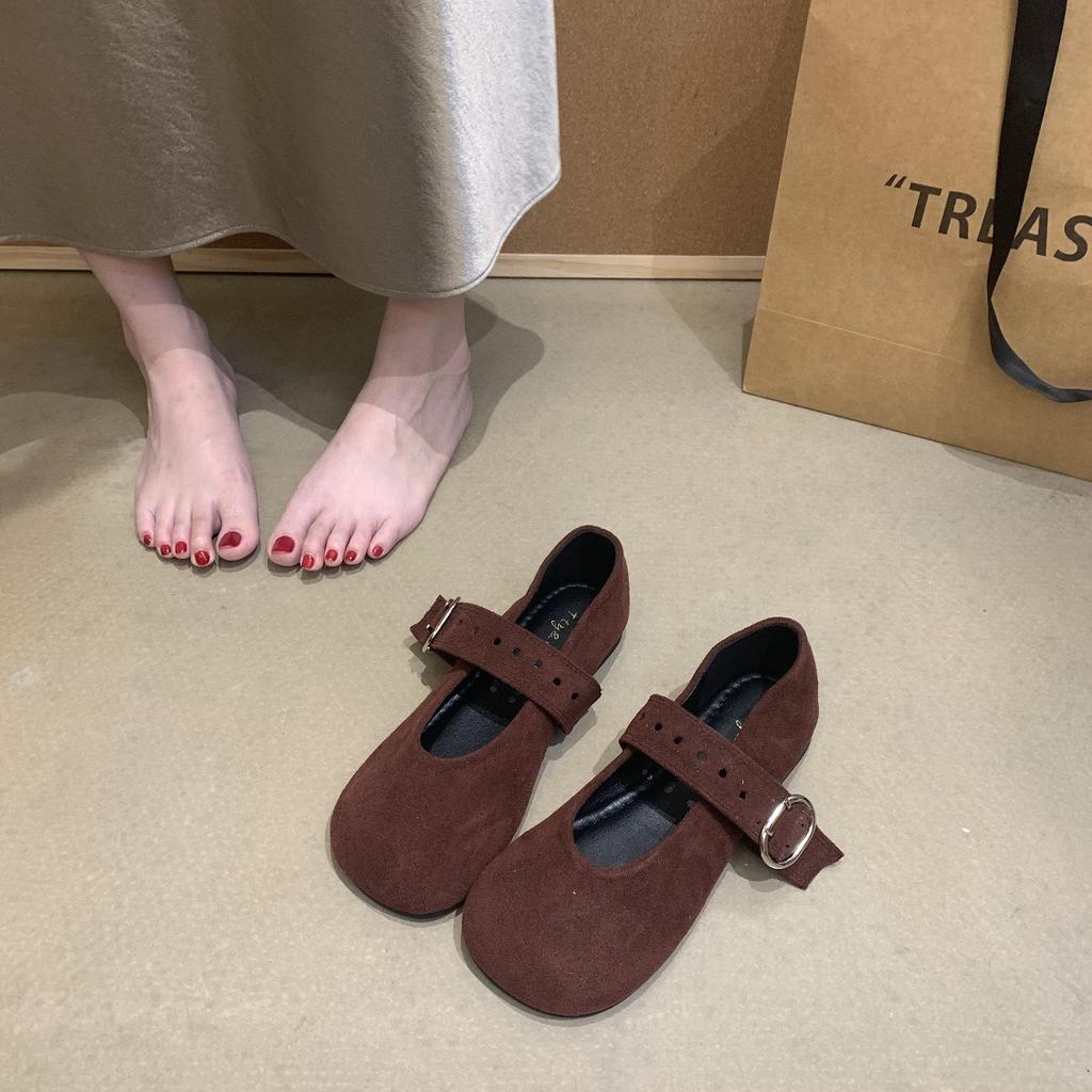 Korean version of round head suede one-word strap single shoes women's 2025 new autumn covered ancient leopard print velvet Mary Jane small le