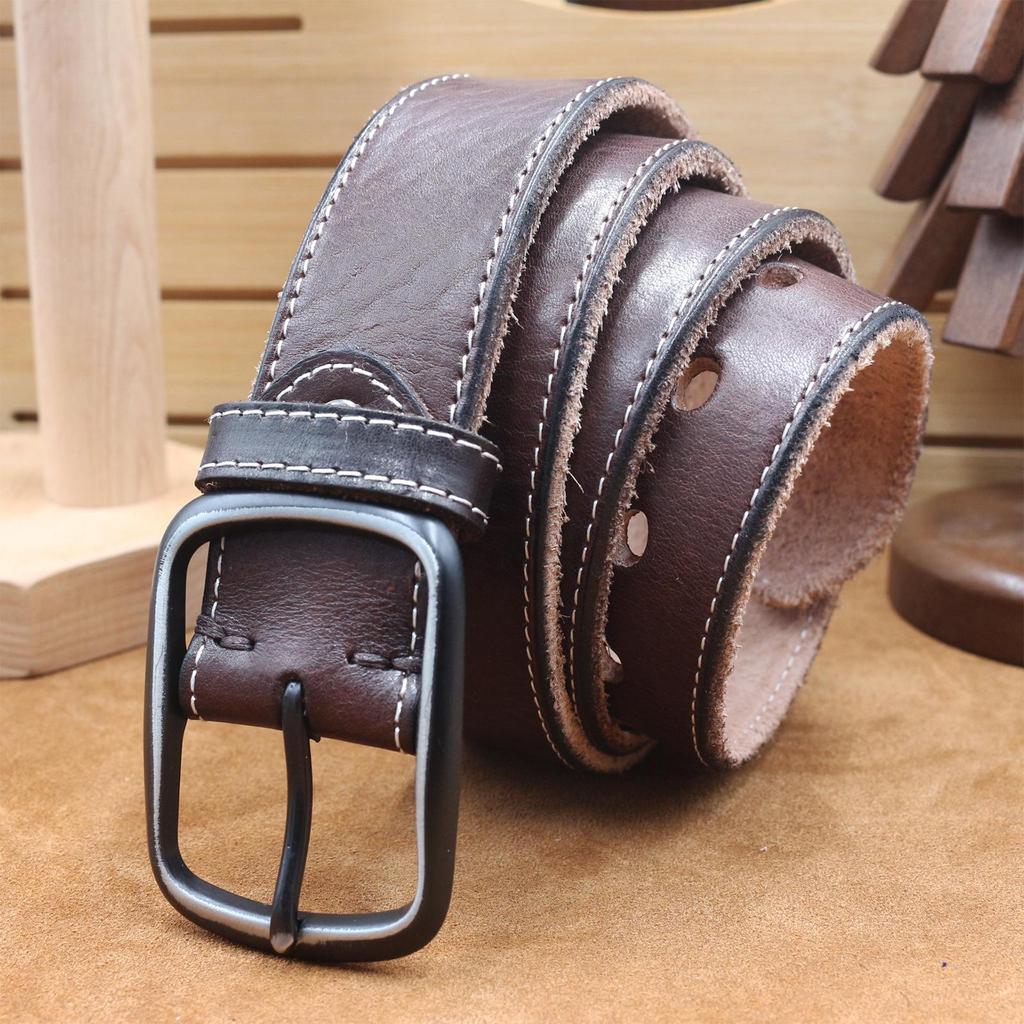 3.8CM Men's Retro Leather Belt, Distressed Stitch, Genuine Cowhide, Pin Buckle, Korean Style Casual Denim Waistband