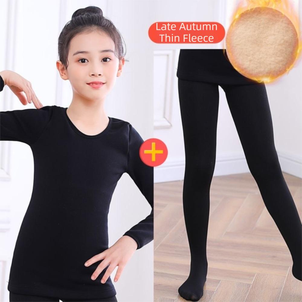 Fashion Winter Kids Thermal Underwear Suits Nude Color Fleece Ballet Underwear Set Warm Stretch Leotard