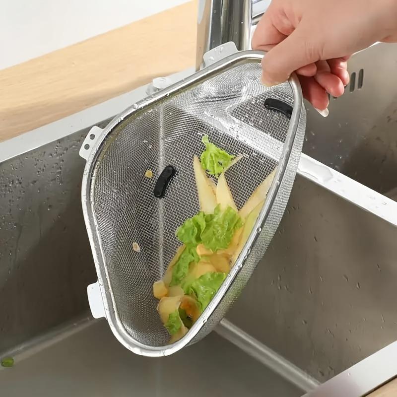 Cestello scolapiatti triangolare in acciaio inossidabile, filtro raccogli-rifiuti a rete removibile, facile da pulire, accessorio per scarico cucina da appendere o da appoggiare