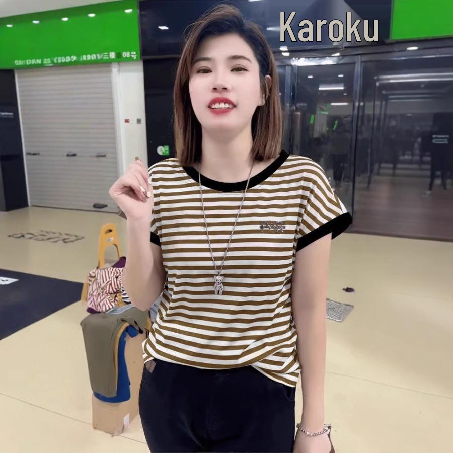 

2025 Summer Striped Crew Neck Short Sleeve Breathable Casual Knit T-Shirt L жовтий
