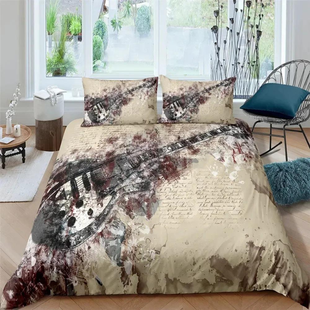 Music Guitar Bedding Set King Queen Heavy Metal Punk Rock Duvet Cover for Teen Boy Musical Note Polyester Comforter Cover