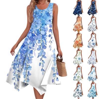 Abito lungo da donna casual, senza maniche, con scollo rotondo, stampa floreale vintage e orlo irregolare