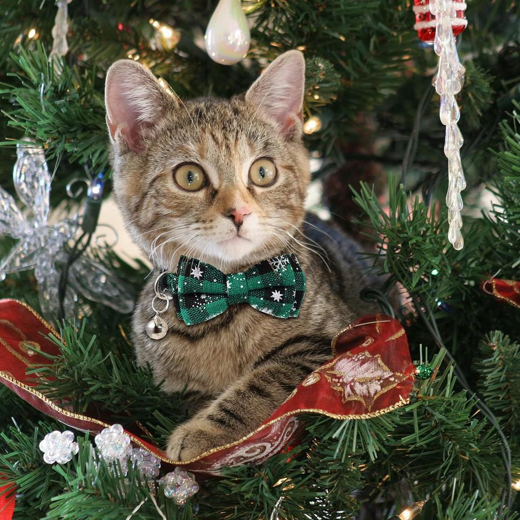 Bowknot Cat Small Dog Collar with Bell Plaid Snowflake Adjustable Breakaway Pet Puppy Kitten Safety Buckle Necklace Christmas
