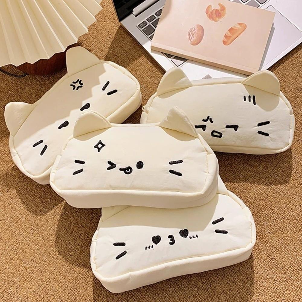 Funny Stationery Storage Bag Kawaii Kitty Stationer Bag Embroidered Cat Pencil Case Student Use