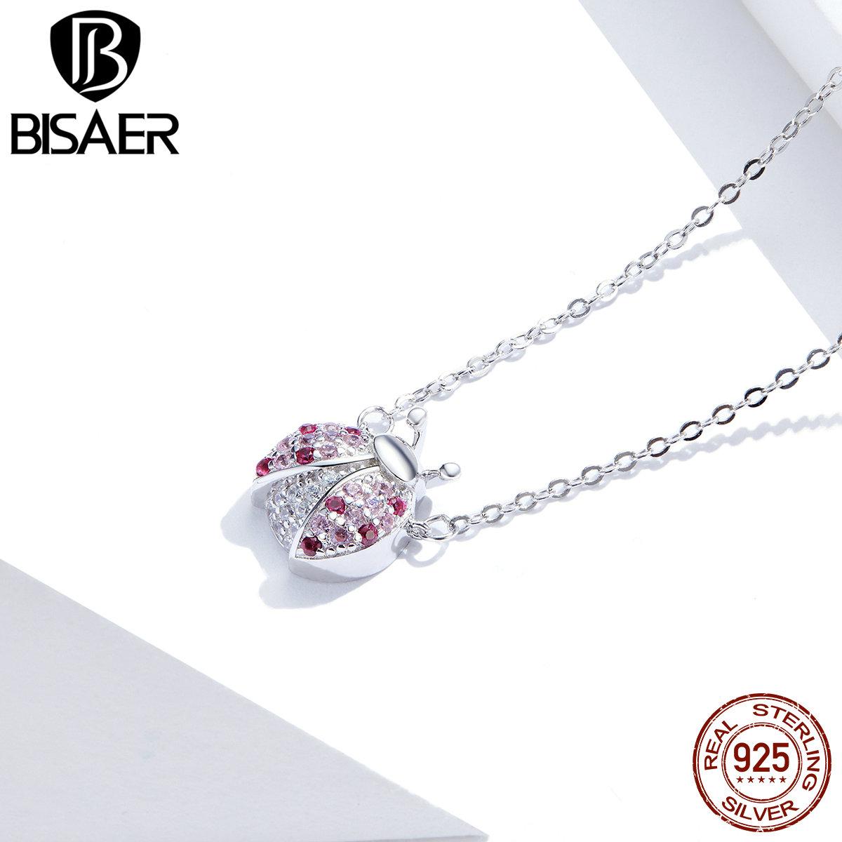 

BISAER Высокое качество 100% стерлингового серебра 925 пробы розовый цирконий женское ожерелье с божьей коровкой ювелирные изделия серебряный