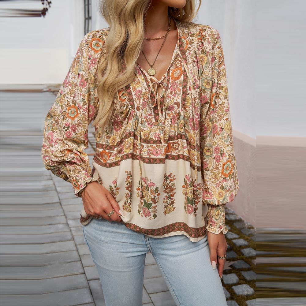 

Women s Blouses Trend Spring Summer Bohemian Vacation Style Printed V-Neck Lace Up Long Sleeved Shirt for Women 2XL абрикосовий