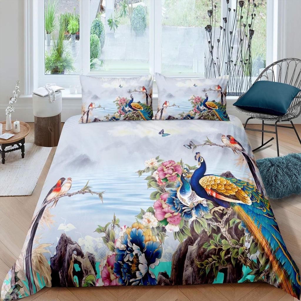 Peacock Duvet Cover Set King Size Floral Pattern Bedding Set Retro Peacock Feather Floral Theme Comforter Cover Luxury Quilt Set