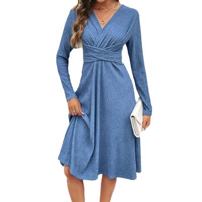 Women's Solid Color Long-sleeved V-neck Knee-length Dress Clothes Sale