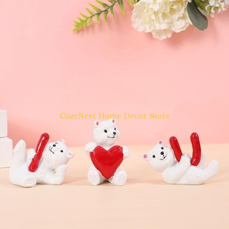 92MF 3Pcs Sweet Love Heart White Bear Ornaments Miniature Figurines Resins Animal Decors for Weddings Party Decorations
