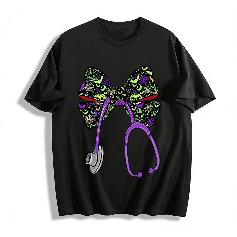 

Halloween Stethoscope Bow Print Medical Themed Casual Top Pure cotton T-shirt XXS