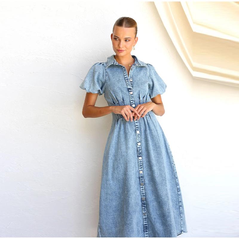 2025 Spring and Summer Puff Sleeve Short-sleeved Distressed Casual Style Shirt Denim Long Dress Single-breasted Waist Denim Long Skirt Retro
