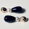 Retro Dark Blue Teardrop Pearl Metal Earrings for Women