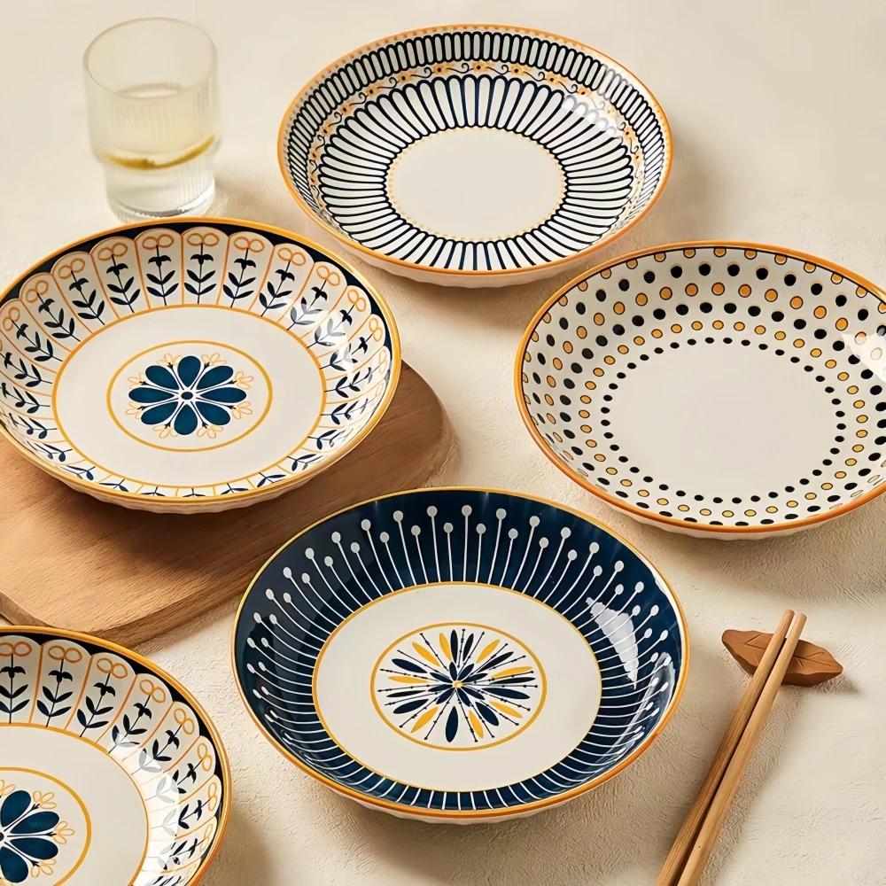 4 pièces assiettes en céramique de 8 pouces, assiettes de service pour table à manger japonaise, assiettes à salade et à pâtes avec motif en relief