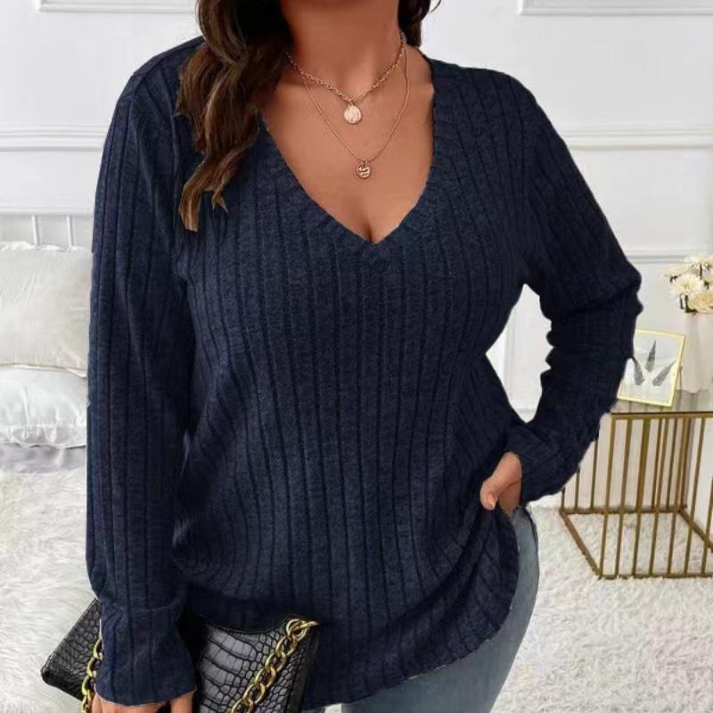 

Женская мода, повседневная однотонная футболка с принтом, осень-зима, свободная матовая футболка с длинным рукавом и v-образным вырезом, свитера в полоску 5XL темно-синий