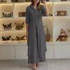 Cross-border Europe and the United States 2025 spring and summer new _ casual linen suit _ women's elegant long-sleeved wide-leg pants two-piece set 