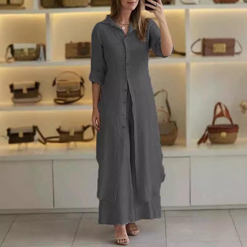 Cross-border Europe and the United States 2025 spring and summer new _ casual linen suit _ women's elegant long-sleeved wide-leg pants two-piece set 