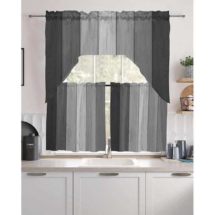 Farmhouse Swag Curtain Valance for Kitchen,Farm Retro Wood Baord Rod Pocket Curtains Swag Topper,Country Black Gray Gradient Plank Light Filtering 36 W x 56 L (Pack of 1)