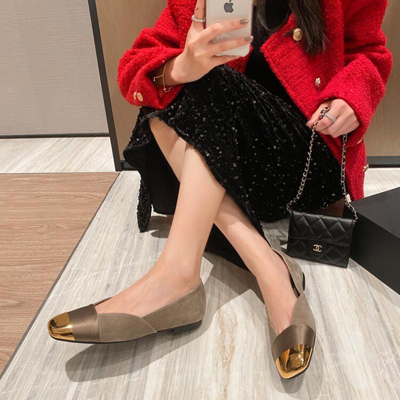 Fashion Women's New Leather Sheep Suede Metal Square Toe Low Heel Fashionable Single Shoe for Walking and Leisure