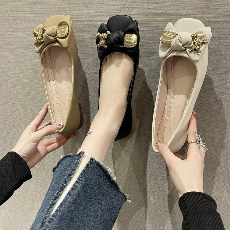 Elegant Bowknot Ballerina Women's Shoes Square Toe Low Heel Shoes Comfort Slip-On Ladies Leather Soft-soled Single Shoes Women