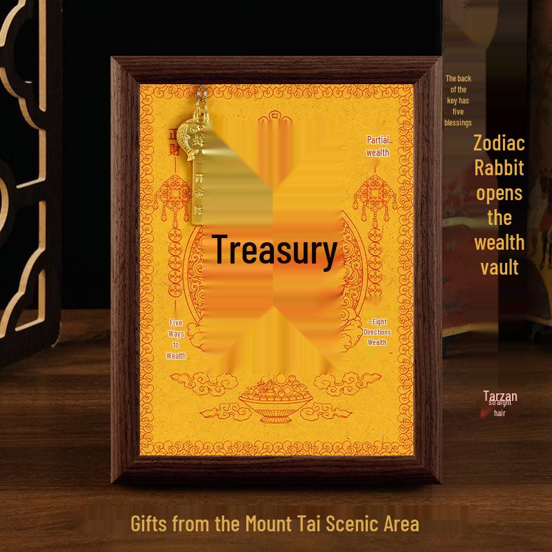 2025 Auspicious Open Wealth Photo Frame with Golden Key, Solid Wood Entrance Foyer, Zodiac Animals, Five Roads to Attract Wealth.