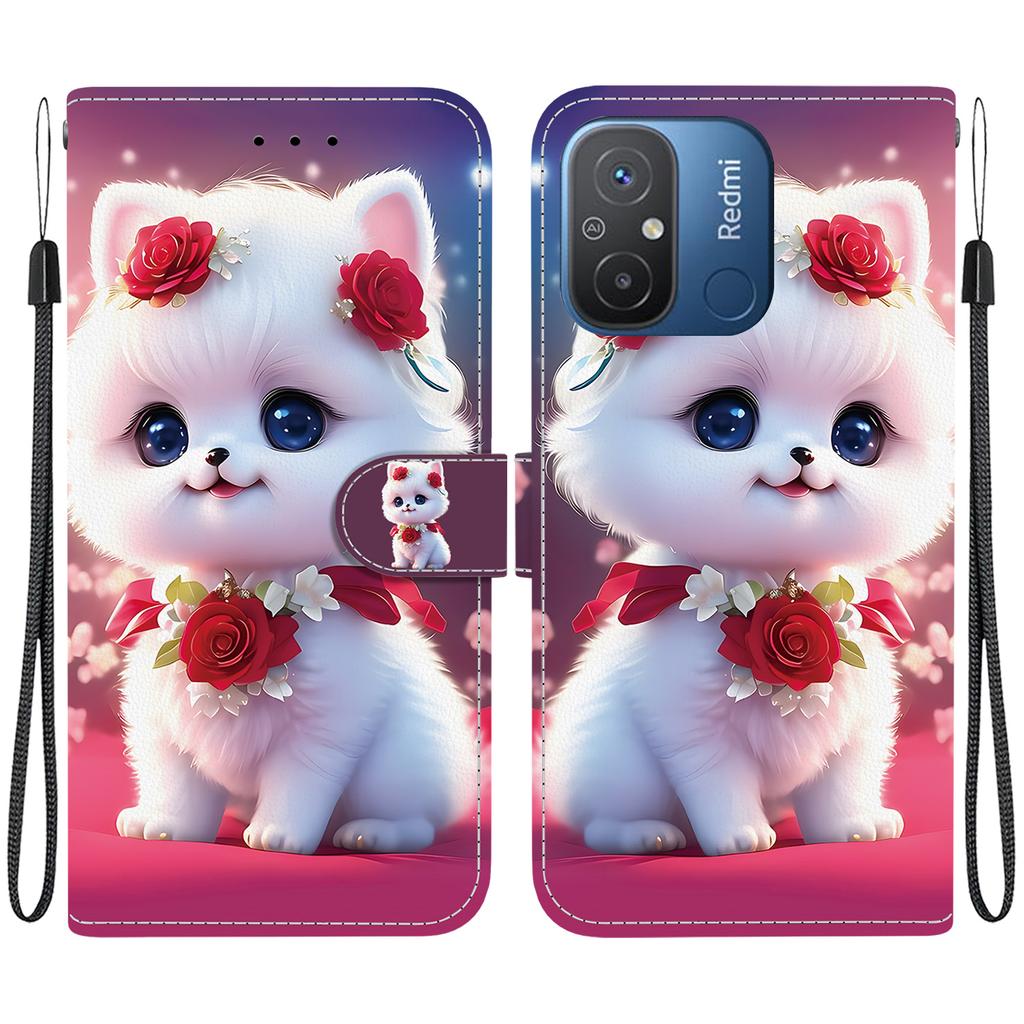 Handmade PU Leather Flip Case for Redmi 12C/Redmi 11A Anti-Slip Shockproof Cover with Wrist Strap & Heart/Rose Cat Designs