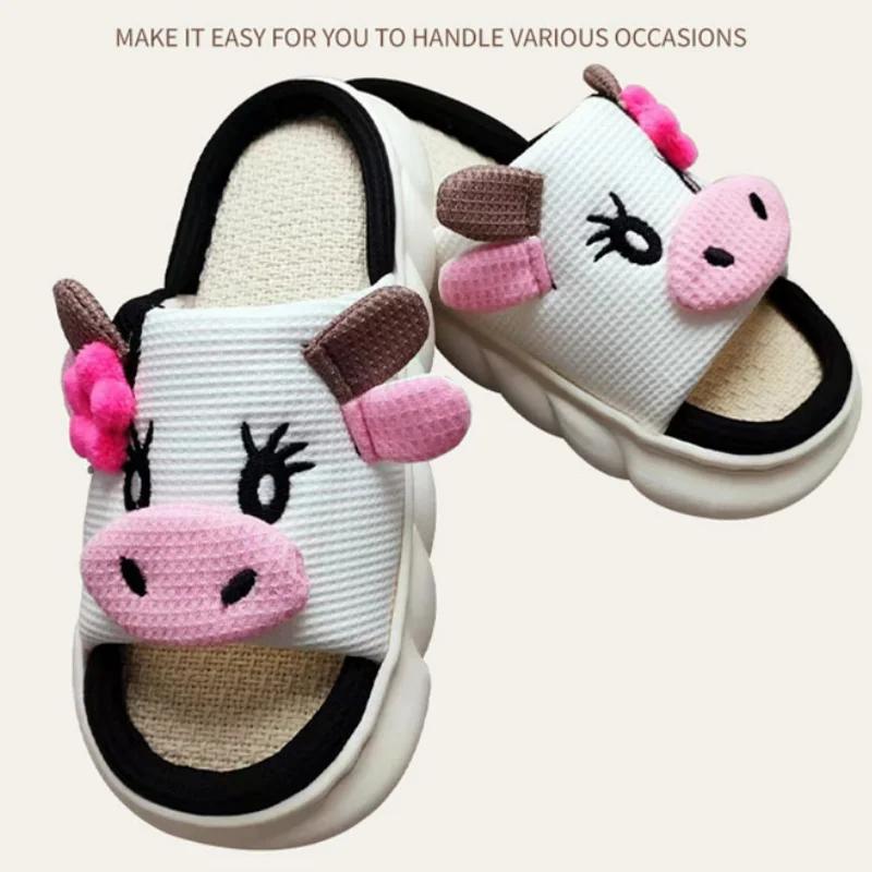 Fashion Women's House Slippers New Cartoon Shoes Spring Summer Indoor Non-Slip Linen Slippers Woman Breathable Soft Sole Platform Slides