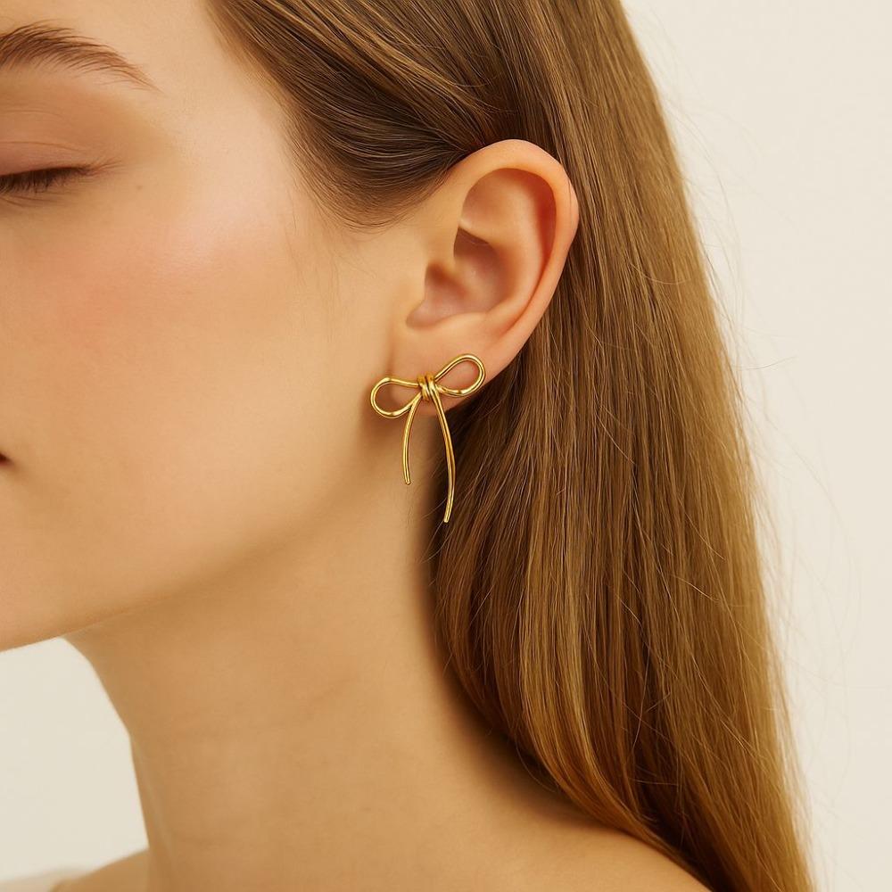 Stainless Steel Bow Stud Earrings Gold Color Women's Stud Earring Exquisite Bowknot Earrings  Women