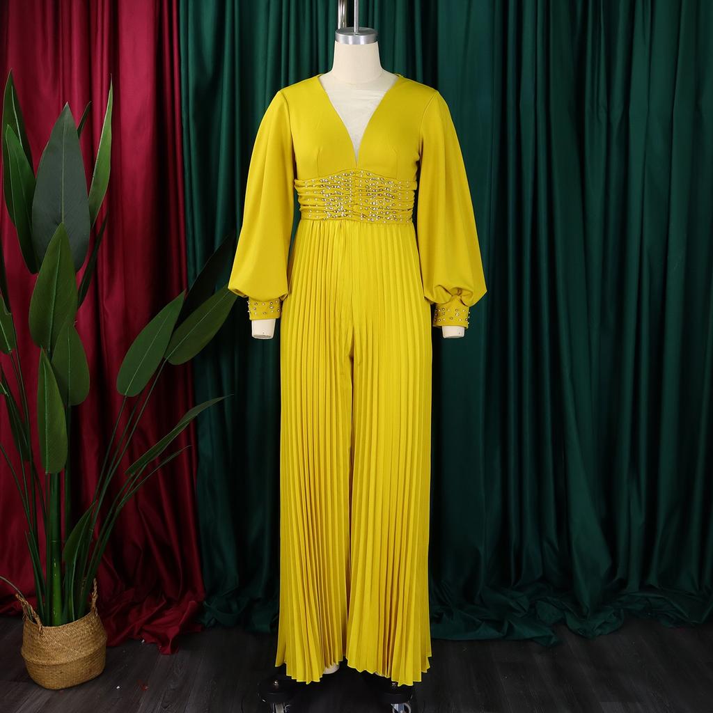 Women Pleated Jumpsuits Rompers Elegant V Neck Long Sleeve Plus Zize Floor Length Party Rompers Clothe Women Pants