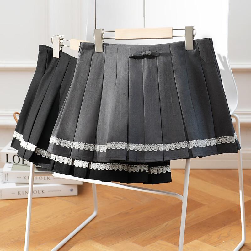 Bailuyu Women s High-Waisted A-Line Pleated Short Skirt with Lace Trim Bow L