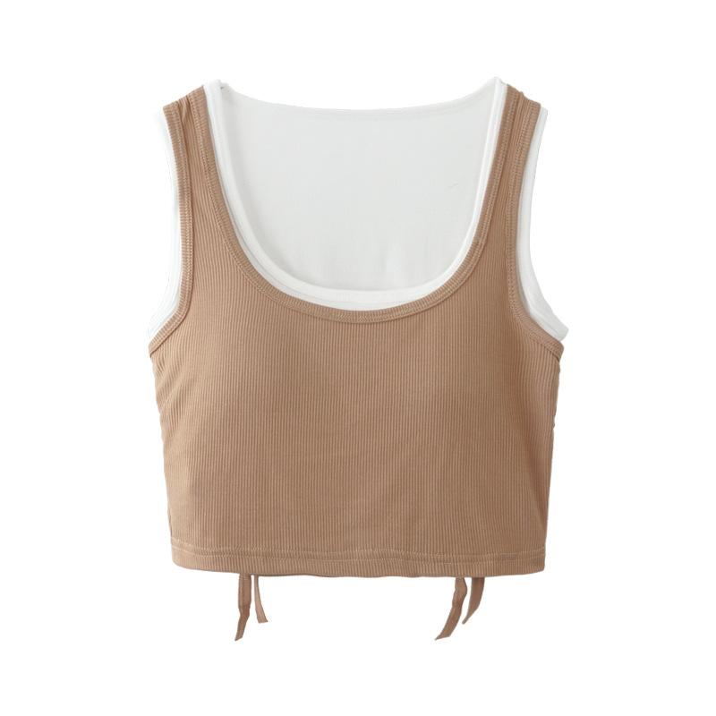 Women's Fake Two-Piece Crop Tank Top, Ribbed Cotton Sleeveless Camisole