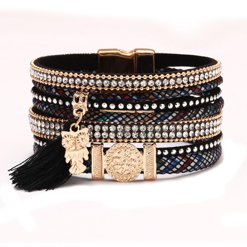 Meier Diamond-encrusted bracelet, bohemia tassel colorful magnetic bracelet, owl metal pu leather bracelet чёрный