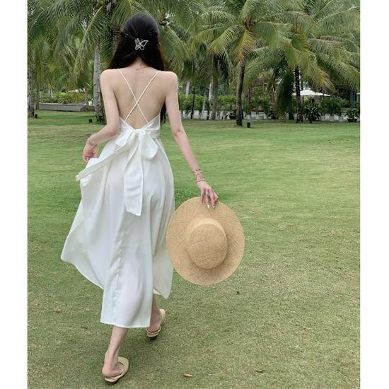 

Летнее миди-платье с V-образным вырезом и открытой спиной - Приталенный А-силуэт, топ-майка для женщин S (Recommended 89-97 lbs)