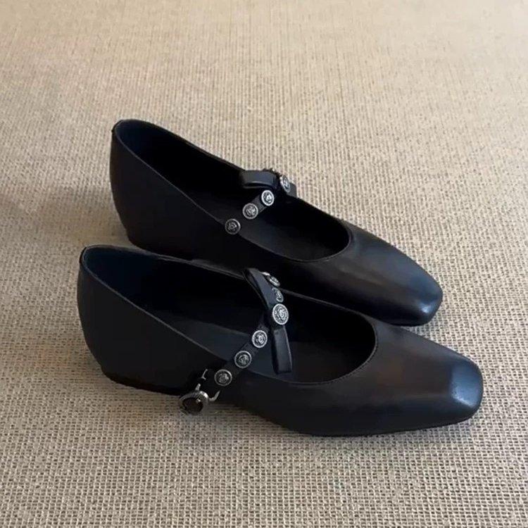 Blue Cabinet, Soft Leather French Single Shoes Women's Flat Bottom Bow Light Mouth Ballet Shoes Small Square Head Retro Mary Jane Shoes