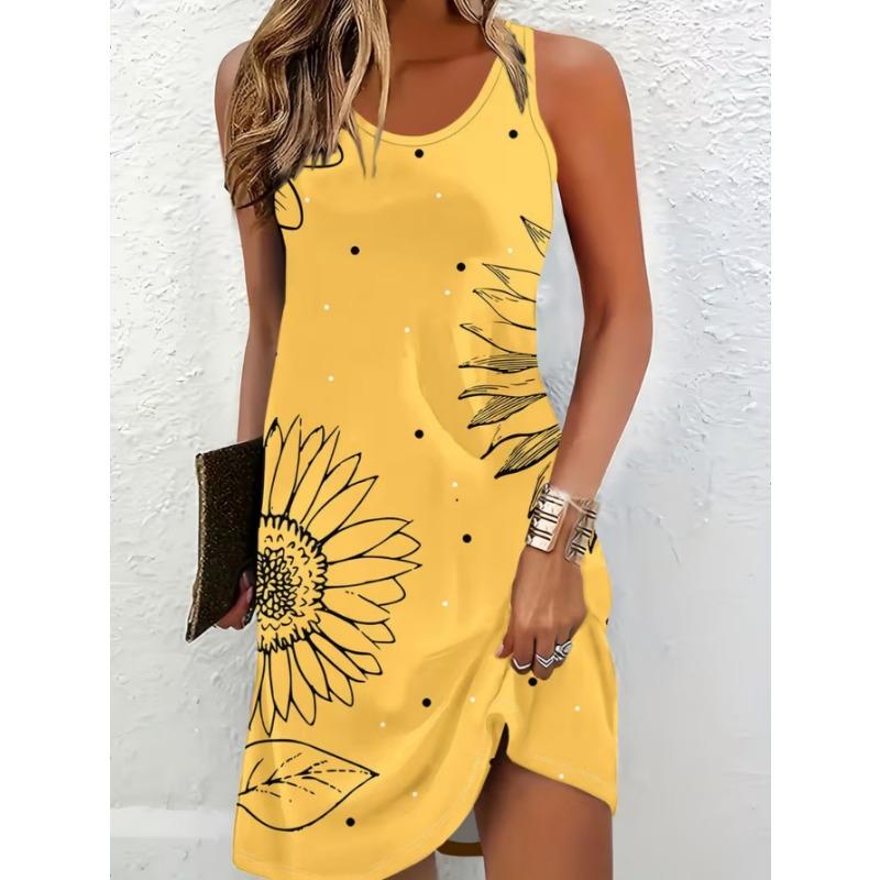 Women s fashionable printed casual sleeveless dress, machine washable, comfortable and versatile S
