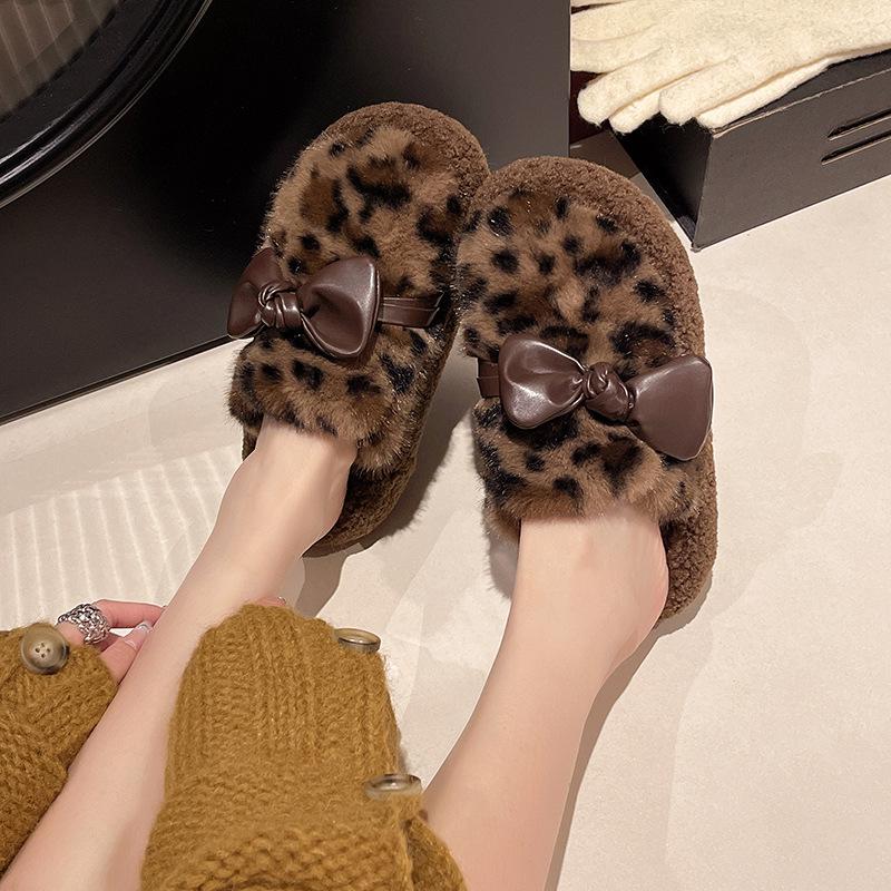 

Korean version thick-bottomed bag head bow fluffy slippers women s outer wear 2025 new autumn and winter velvet warm cotton slippers 35