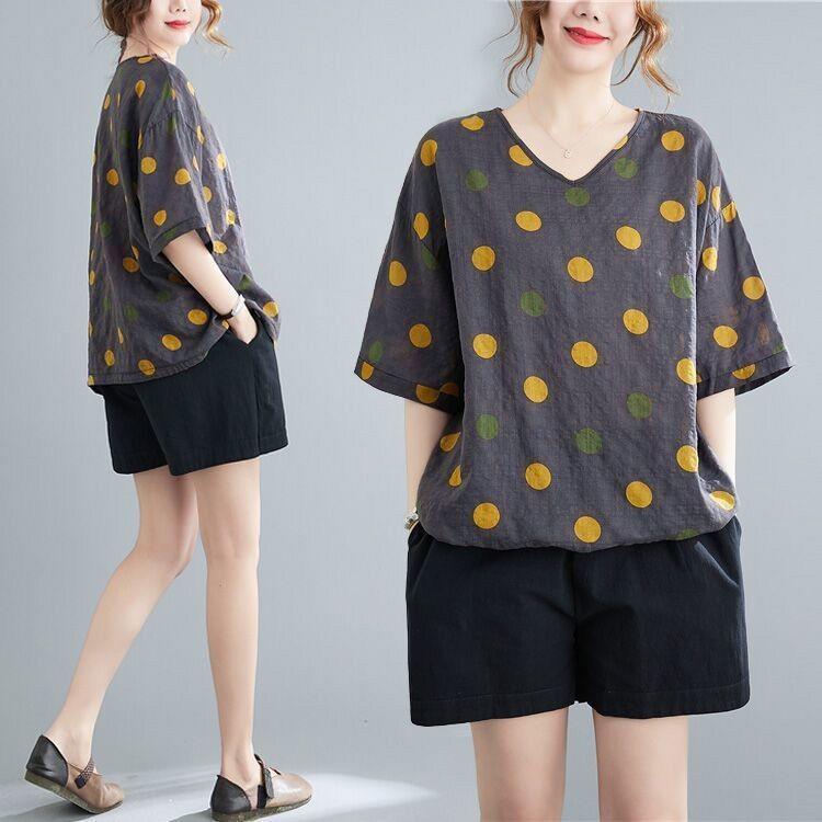 Summer Printed Short-sleeved T-shirt V-neck Cotton and Linen Loose Large-size Women's Top T-shirt Cotton and Linen Shirt