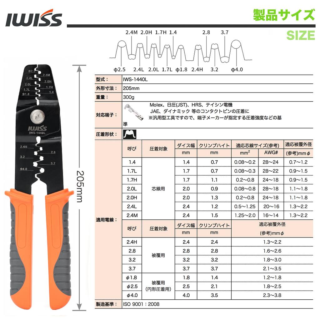 IWISS Crimping Pliers for Open Barrel Contacts with Stepped Dies for a Thin Finish IWS-1440L General-Purpose