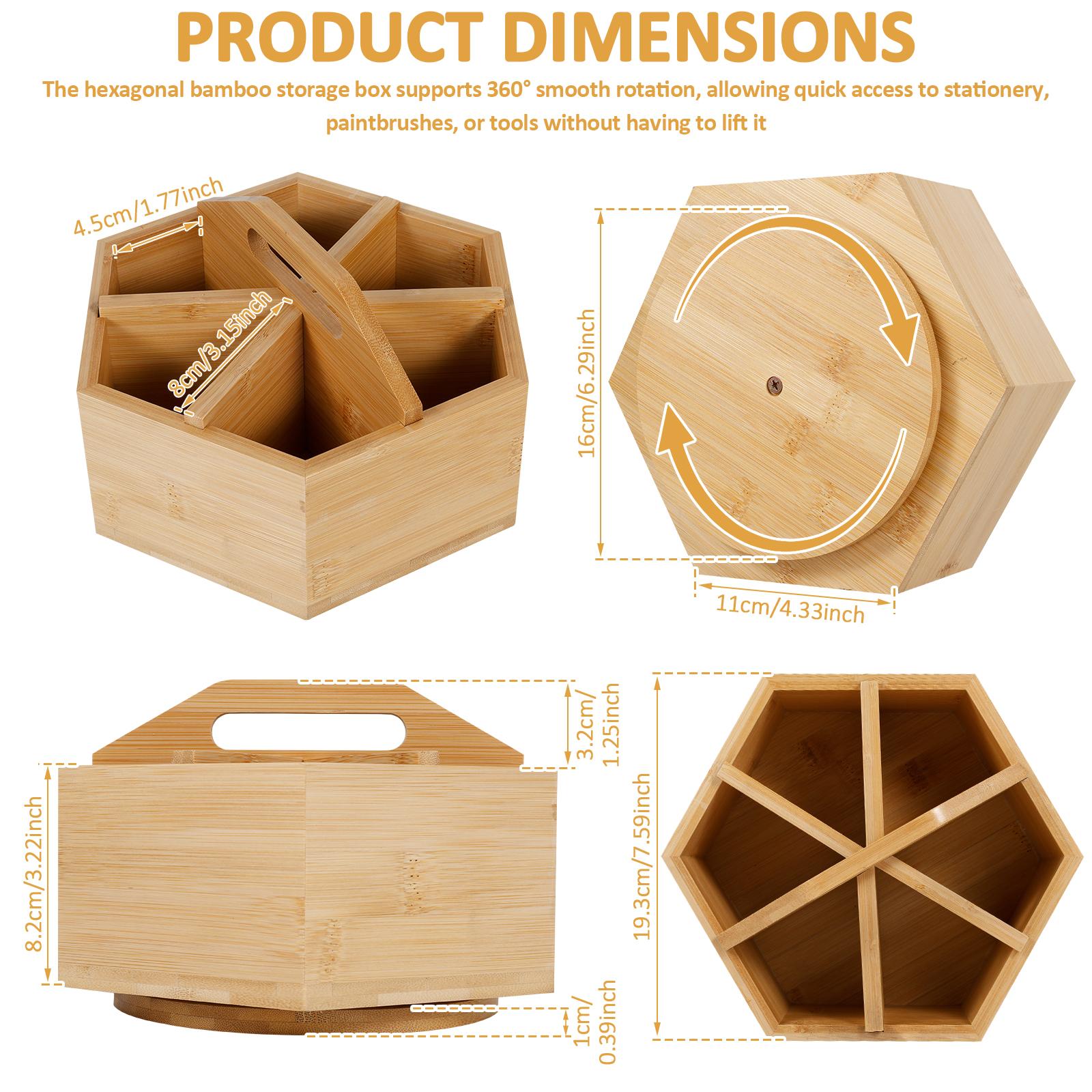 

360° Rotating Pen Holder Wooden Hexagon Desktop Pencil Organizer with 6 Compartment and Handle Stationery Storage Box for Office