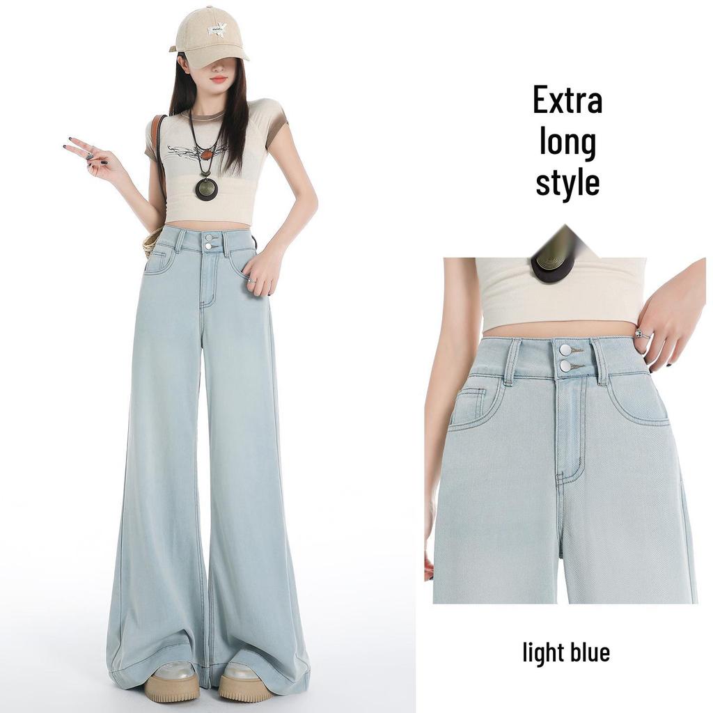 Women's Light Tencel Flare Jeans - High-Waisted, Loose, Drapey Ice Silk, Wide-Leg, Floor-Length Jeans for Summer 2026