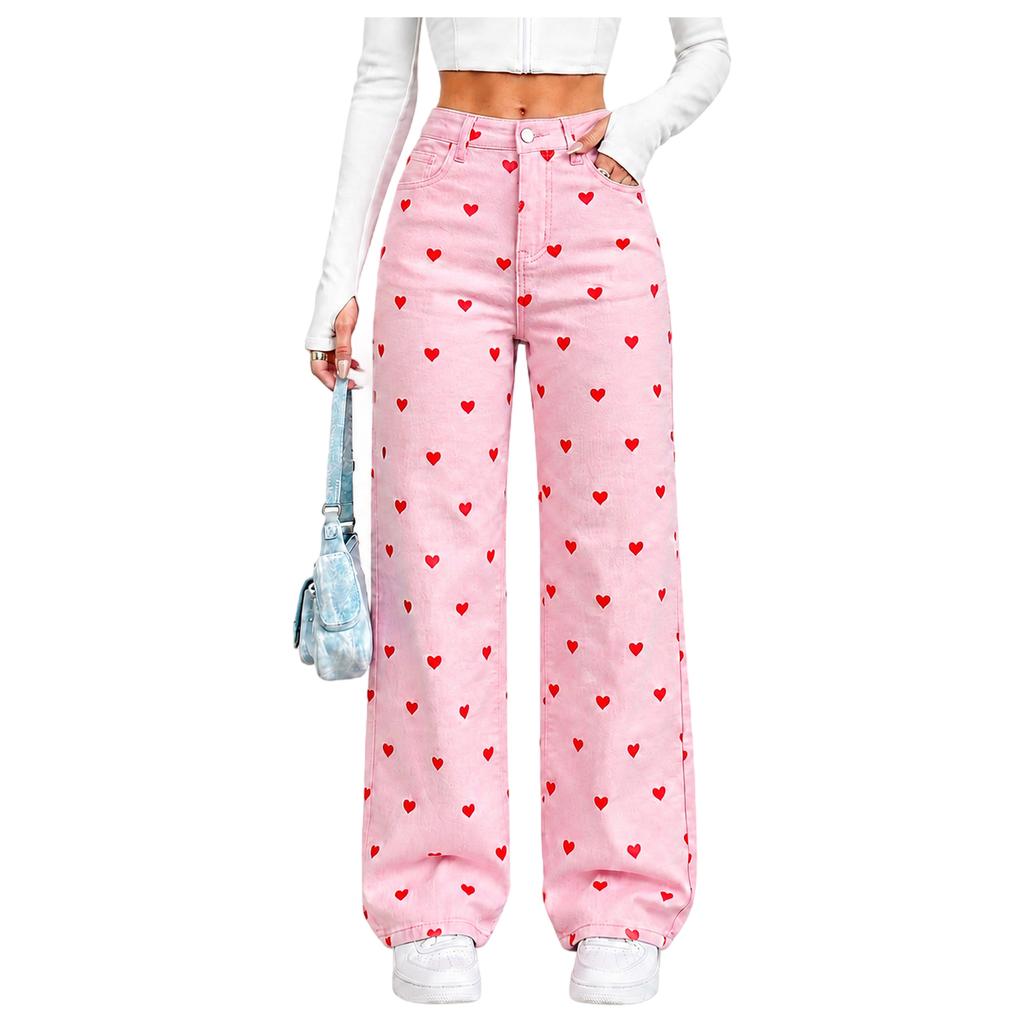 Jeans da Donna a Vita Alta Elasticizzati Slim Fit a Gamba Larga con Fantasia a Cuori per Uso Casual Quotidiano